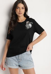 Born2be - Czarny T-shirt z Bawełny Zdobiony Nadrukiem z Cyrkoniami Telerea. Okazja: na co dzień. Kolor: czarny. Materiał: bawełna. Wzór: aplikacja, nadruk. Styl: klasyczny, elegancki, casual #3