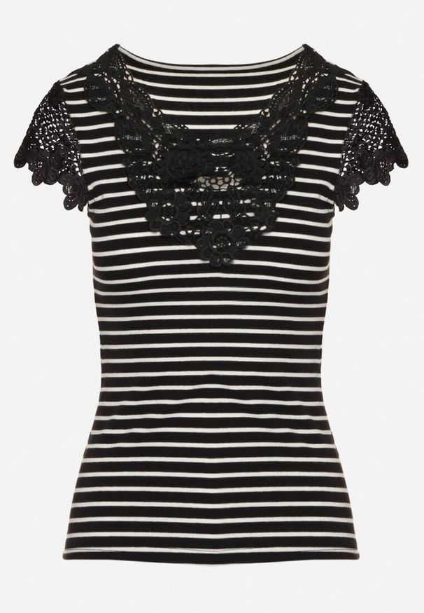 Born2be - Czarny Bawełniany T-shirt w Paski z Koronkowymi Wstawkami Idamarie. Okazja: na randkę, na co dzień. Typ kołnierza: dekolt w kształcie V. Kolor: czarny. Materiał: bawełna, koronka. Długość rękawa: krótki rękaw. Długość: krótkie. Wzór: paski. Styl: casual