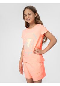 4f - T-shirt z nadrukiem dziewczęcy. Kolor: różowy. Materiał: dzianina, bawełna. Długość rękawa: krótki rękaw. Wzór: nadruk