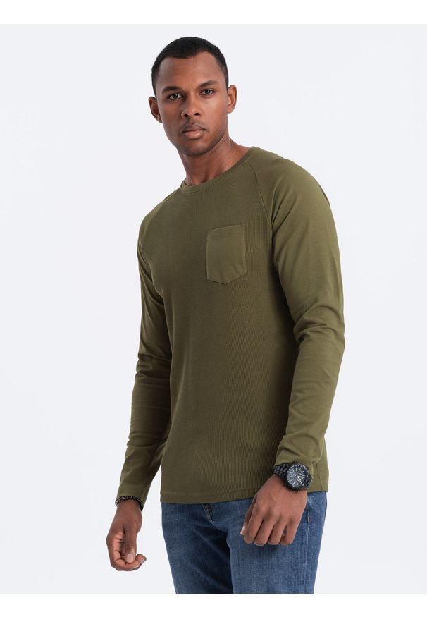 Ombre Clothing - Longsleeve męski o strukturze "wafla" - oliwkowy V3. Okazja: na co dzień. Kolor: oliwkowy. Materiał: bawełna. Długość rękawa: długi rękaw. Styl: klasyczny, sportowy, casual