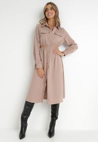 Born2be - Beżowa Sukienka Koszulowa Pildia. Okazja: na co dzień. Kolor: beżowy. Materiał: tkanina. Długość rękawa: długi rękaw. Typ sukienki: koszulowe. Styl: casual, elegancki. Długość: midi #2