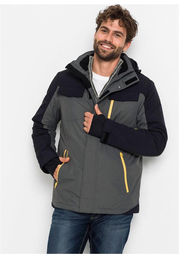 bonprix - Wodoodporna kurtka funkcjonalna z odpinanym kapturem. Typ kołnierza: kaptur. Kolor: szary. Materiał: materiał. Wzór: nadruk. Sezon: zima