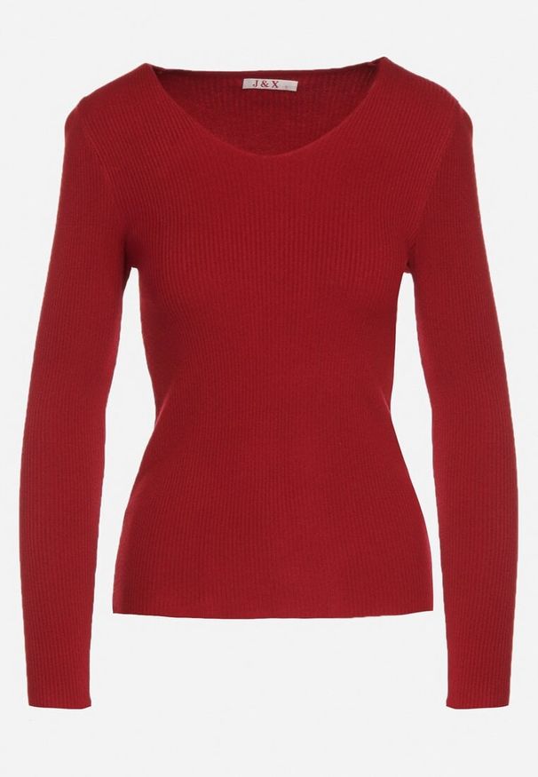 Born2be - Bordowy Dopasowany Sweter z Prążkowanej Dzianiny z Bawełną z Dekoltem w Serek Tesma. Okazja: na co dzień. Typ kołnierza: dekolt w serek. Kolor: czerwony. Materiał: prążkowany, dzianina, bawełna. Długość rękawa: długi rękaw. Długość: długie. Styl: casual, elegancki