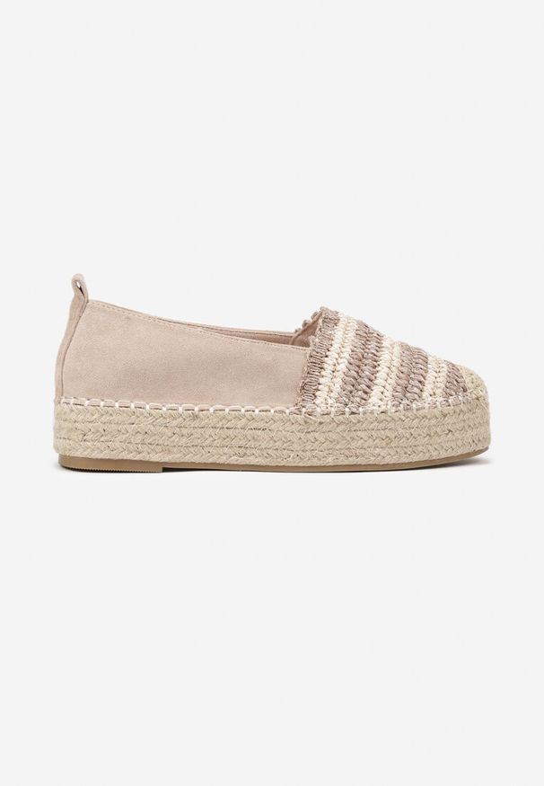 Renee - Ciemnobeżowe Espadryle na Platformie Ozdobione Plecionką w Stylu Boho Lelisse. Okazja: na co dzień. Kolor: beżowy. Wzór: aplikacja. Sezon: lato. Obcas: na platformie. Styl: boho