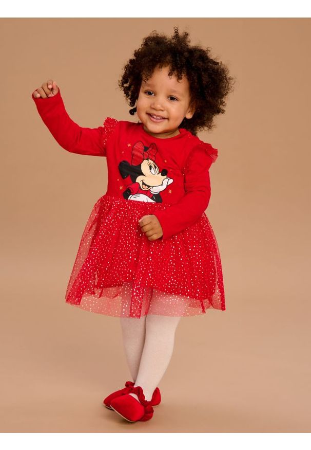 Sinsay - Sukienka z tiulem i brokatowym nadrukiem Minnie Mouse - czerwony. Kolor: czerwony. Materiał: tiul. Wzór: nadruk, motyw z bajki