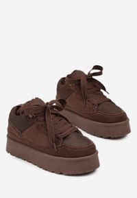 Born2be - Brązowe Sznurowane Sneakersy Śniegowce na Grubej Podeszwie Vamitte. Okazja: na co dzień, na spacer. Kolor: brązowy. Materiał: jeans, futro. Sport: turystyka piesza #3