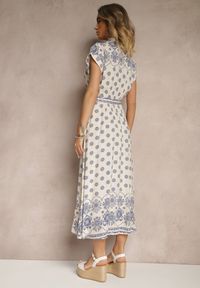 Renee - Beżowo-Niebieska Wiskozowa Sukienka w Kwiaty o Koszulowym Kroju z Wiązanym Paskiem Iffiana. Okazja: na imprezę. Kolor: niebieski. Materiał: wiskoza. Długość rękawa: krótki rękaw. Wzór: kwiaty. Sezon: lato. Typ sukienki: koszulowe. Styl: klasyczny, elegancki #4