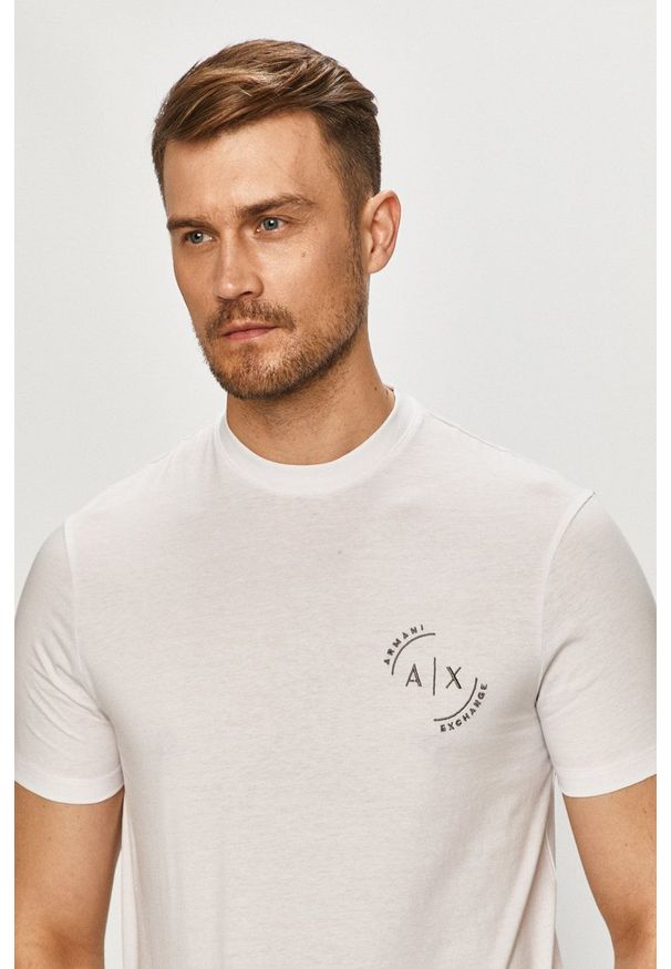 Armani Exchange - T-shirt. Okazja: na co dzień. Kolor: biały. Materiał: dzianina. Wzór: nadruk. Styl: casual