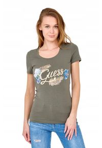 Guess - GUESS Damski zielony t-shirt ze zdobionym logo, Rozmiar XS. Kolor: zielony. Materiał: bawełna. Wzór: aplikacja #3