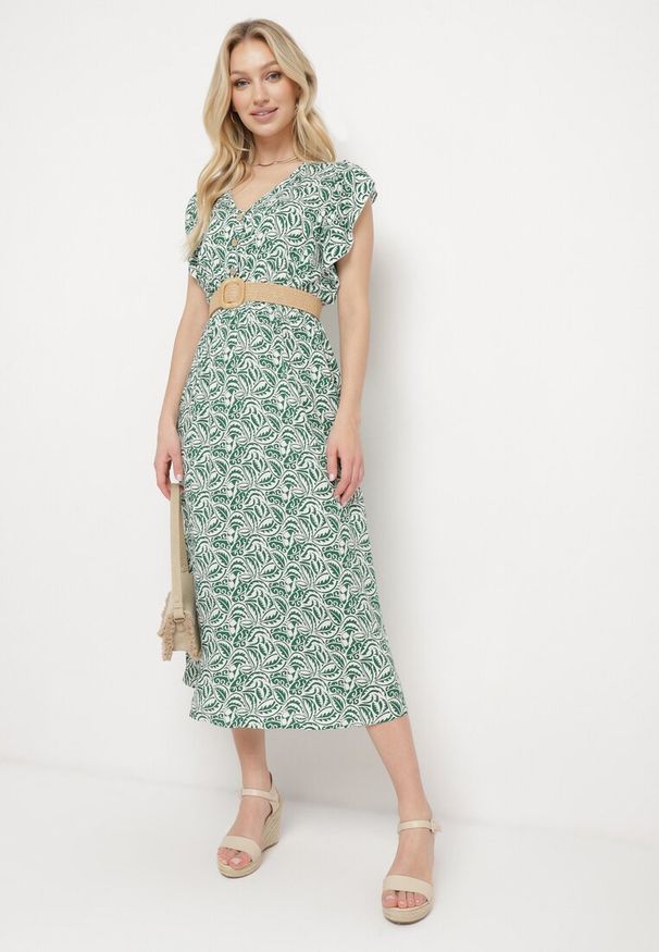 Born2be - Zielona Sukienka Bawełniana z Gumką w Talii i Mozaikowym Wzorem Indaria. Kolor: zielony. Materiał: bawełna