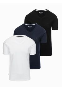 Ombre Clothing - Komplet koszulek z dekoltem V i elastanem oraz subtelnym logotypem 3-pak – mix biały/granatowy/czarny V1 - Rozmiar: S. Okazja: na co dzień. Kolor: biały. Materiał: elastan. Wzór: gładki, nadruk. Styl: klasyczny, casual