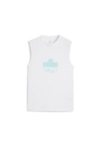 Puma - Damska wąska koszulka bez rękawów Palm Resort z grafiką PUMA White. Kolor: biały. Materiał: guma. Długość rękawa: bez rękawów. Wzór: nadruk