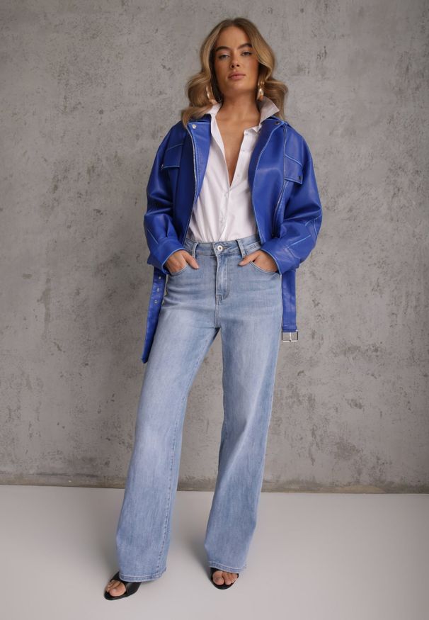 Renee - Niebieskie Bawełniane Jeansy High Waist Wide Leg Cariloth. Stan: podwyższony. Kolekcja: plus size. Kolor: niebieski