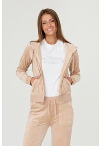 Juicy Couture - JUICY COUTURE Beżowa bluza Robertson. Typ kołnierza: kaptur. Kolor: beżowy. Materiał: welur