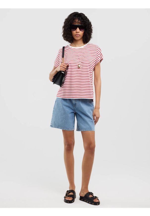Big-Star - Koszulka damska w paski biało-czerwona Aleksa 603. Kolor: czerwony. Materiał: dzianina, bawełna, żakard. Wzór: paski