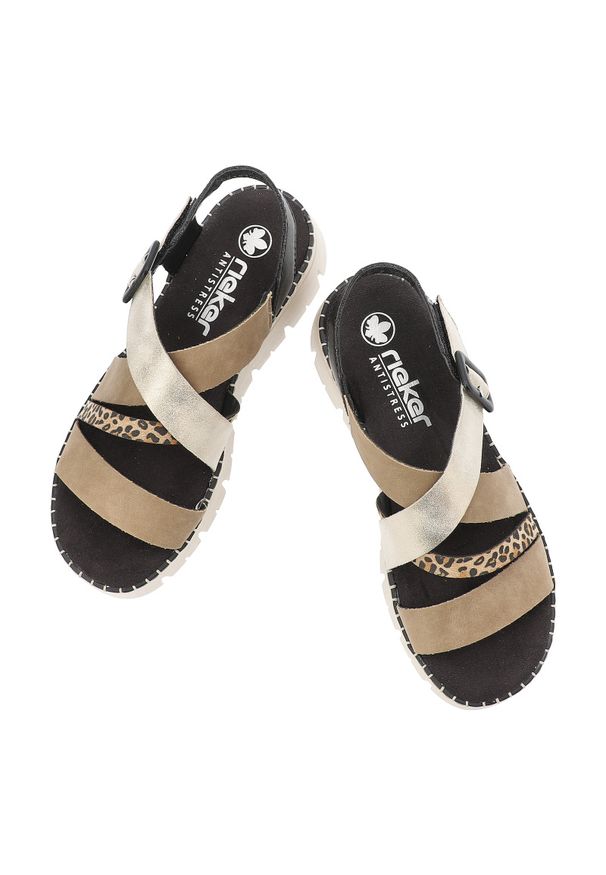 Sandały damskie Rieker, cholewka ze skóry ekologicznej z ozdobnymi paskami i motywem zwierzęcym regulowane zapięcie na sprzączkę, multi, V1063-90. Okazja: na co dzień, na spacer. Zapięcie: pasek. Kolor: beżowy. Materiał: skóra ekologiczna. Wzór: motyw zwierzęcy. Sezon: lato. Styl: elegancki, wakacyjny, casual