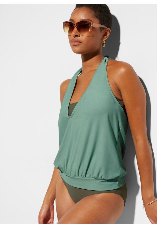 bonprix - Tankini (3 części). Typ kołnierza: dekolt w serek. Kolor: zielony. Długość rękawa: na ramiączkach. Styl: klasyczny