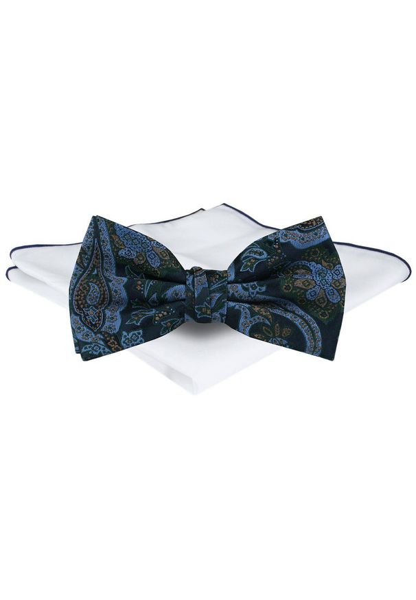 Mucha Męska z Poszetką - Chattier - Odcienie Granatu, Orientalny Wzór. Kolor: niebieski. Styl: elegancki, sportowy