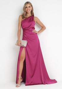 Born2be - Fioletowa Asymetryczna Sukienka na Jedno Ramię z Kopertowym Dołem Emmellis. Kolor: fioletowy. Typ sukienki: kopertowe, asymetryczne #5