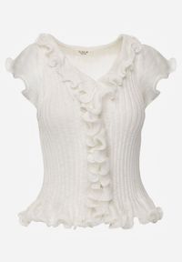 Renee - Biała Bluzka z Wiskozą w Prążki z Falbanami Eunione. Kolor: biały. Materiał: wiskoza. Wzór: prążki #4