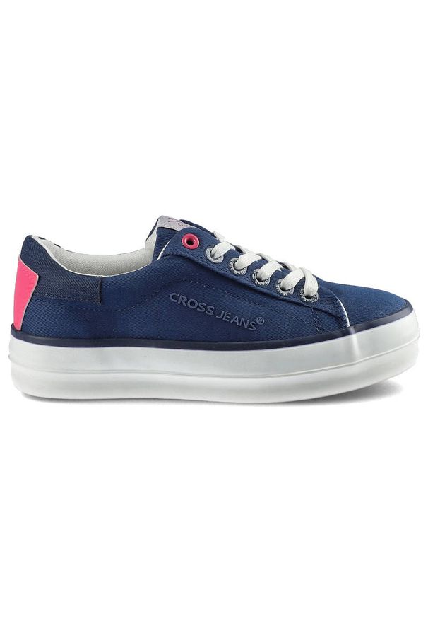 Granatowe Trampki Cross Jeans Damskie Wygodne Buty. Kolor: niebieski. Materiał: guma, materiał. Szerokość cholewki: normalna. Wzór: aplikacja. Obcas: na platformie