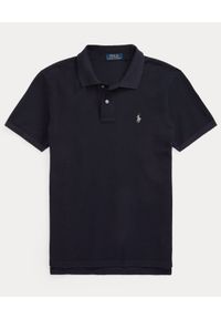Ralph Lauren - RALPH LAUREN - Granatowa koszulka polo Luxe Knit Custom Fit. Typ kołnierza: polo. Kolor: niebieski. Materiał: dzianina, prążkowany. Długość: długie. Wzór: haft, ze splotem #5