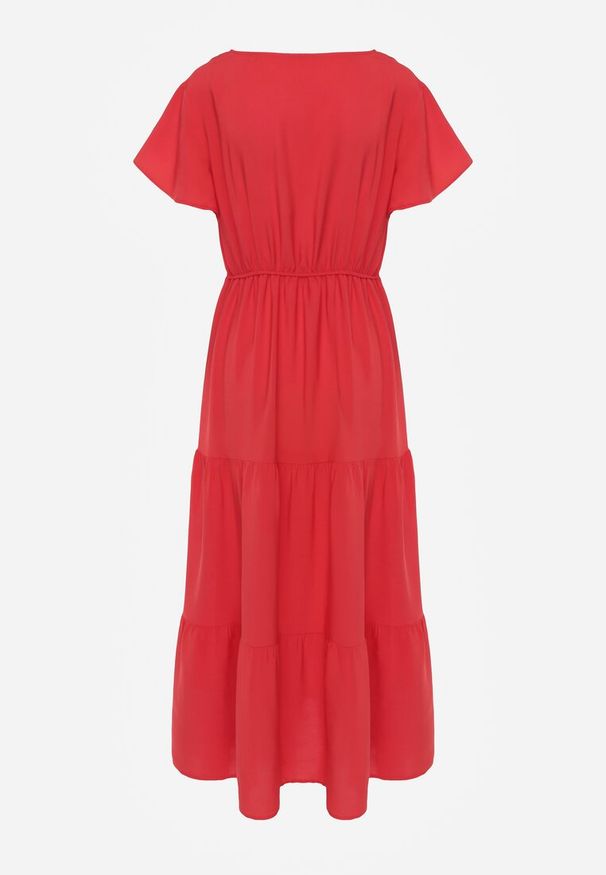 Renee - Czerwona Sukienka z Wiskozy o Rozkloszowanym Kroju z Falbanami Jonmy. Okazja: na co dzień. Typ kołnierza: dekolt w serek. Kolor: czerwony. Materiał: wiskoza. Długość rękawa: krótki rękaw. Wzór: aplikacja. Sezon: lato. Styl: elegancki, casual