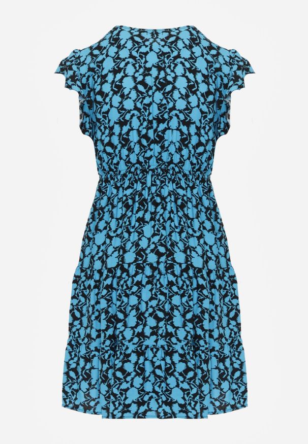 Born2be - Niebiesko-Granatowa Sukienka Mini z Wiskozy z Falbanką Przy Ramionach i na Dole Jaysing. Kolor: niebieski. Materiał: wiskoza. Długość: mini