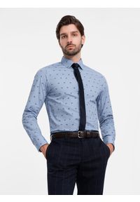 Ombre Clothing - Klasyczna męska bawełniana koszula SLIM FIT w kraby - jasnoniebieska V6. Typ kołnierza: kołnierzyk klasyczny. Kolor: niebieski. Materiał: bawełna. Długość rękawa: długi rękaw. Długość: długie. Wzór: nadruk. Styl: klasyczny