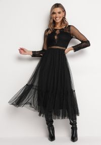Born2be - Czarna Sukienka Maxi o Rozkloszowanym Fasonie z Ozdobną Koronką i Tiulem Steilla. Kolor: czarny. Materiał: tiul, koronka. Wzór: koronka. Długość: maxi #2