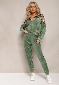 Renee - Ciemnozielony Welurowy Komplet Dresowy 2-Częściowy z Animal Print Bluza i Spodnie Atisilva. Kolor: zielony. Materiał: dresówka, welur. Wzór: nadruk #4