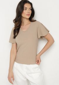 Born2be - Ciemnobeżowa Bluzka z Szerokimi Rękawami Sunevia. Okazja: na co dzień. Typ kołnierza: dekolt w kształcie V. Kolor: beżowy. Materiał: jeans. Styl: casual, elegancki #4