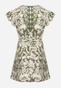 Born2be - Zielona Sukienka z Wiskozy i Lnu Pudełkowa z Wiązaniem w Talii w Abstrakcyjny Wzór Toleira. Typ kołnierza: dekolt w kształcie V. Kolor: zielony. Materiał: len, wiskoza. Długość rękawa: krótki rękaw #2