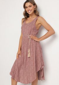 Born2be - Beżowa Rozkloszowana Sukienka z Bawełny w Abstrakcyjny Wzór Ronive. Okazja: na co dzień. Kolor: beżowy. Materiał: bawełna. Typ sukienki: rozkloszowane. Styl: casual, elegancki #2
