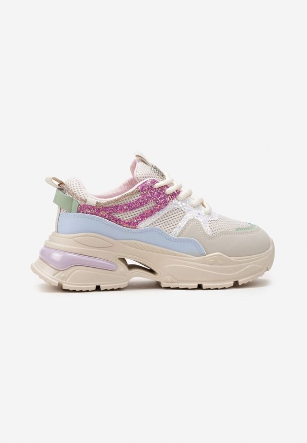 Born2be - Beżowo-Różowe Sneakersy na Grubej Podeszwie z Brokatowymi Wstawkami i Cyrkoniami Wirnessa. Nosek buta: okrągły. Zapięcie: sznurówki. Kolor: beżowy. Materiał: materiał. Obcas: na obcasie. Wysokość obcasa: niski