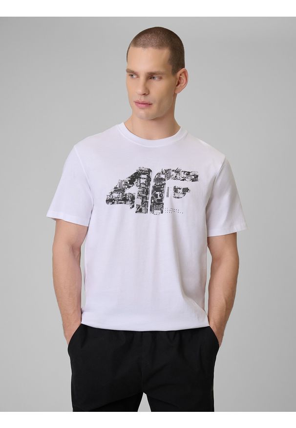 4f - 4F T-shirt regular z nadrukiem męski - biały L. Okazja: na co dzień. Kolor: biały. Materiał: dzianina, bawełna, materiał. Wzór: nadruk. Styl: klasyczny, casual