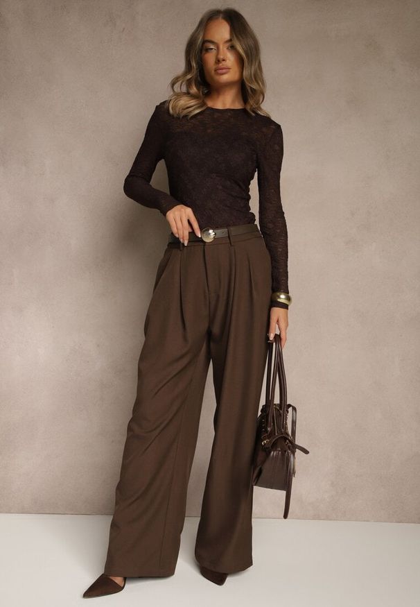 Renee - Brązowe Garniturowe Spodnie Wide Leg z Paskiem z Klamrą Muszelką Setre. Okazja: na spotkanie biznesowe. Stan: podwyższony. Kolor: brązowy. Materiał: koronka. Styl: biznesowy