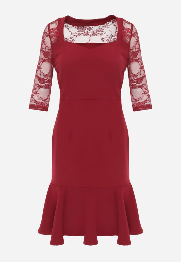 Born2be - Bordowa Taliowana Sukienka VICES z Koronkowymi Rękawami Oceamara. Kolor: czerwony. Materiał: koronka. Wzór: aplikacja, koronka. Styl: elegancki