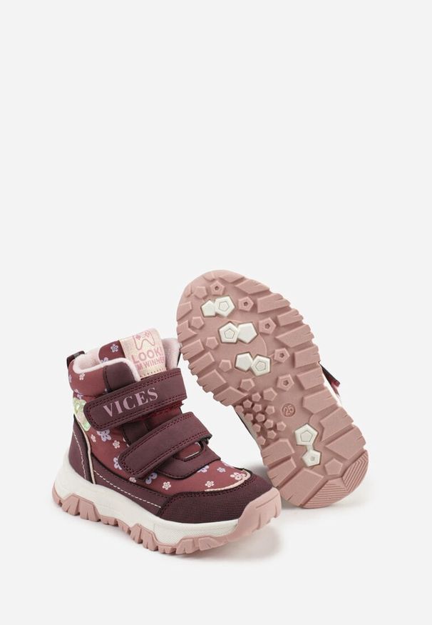 Born2be - Bordowe Botki Vices w Kwiatki z Metalicznym Sercem Nelusea. Okazja: na uczelnię. Zapięcie: rzepy. Kolor: czerwony. Materiał: jeans. Wzór: kwiaty. Styl: elegancki