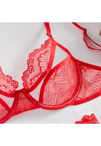 Intica - Zestaw bielizny push-up z koronkowym pasem do pończoch Torun. Kolor: czerwony. Materiał: koronka. Długość: długie #8