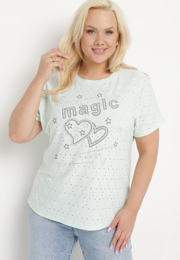 Born2be - Miętowy T-shirt Ażurowy z Ozdobnymi Cyrkoniami Cevola. Okazja: na co dzień. Kolor: miętowy. Wzór: ażurowy. Styl: casual