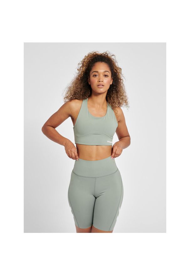 Damski biustonosz sportowy Hummel MT Grace. Kolor: wielokolorowy, szary, zielony. Materiał: dzianina, materiał. Wzór: jodełka. Sport: fitness