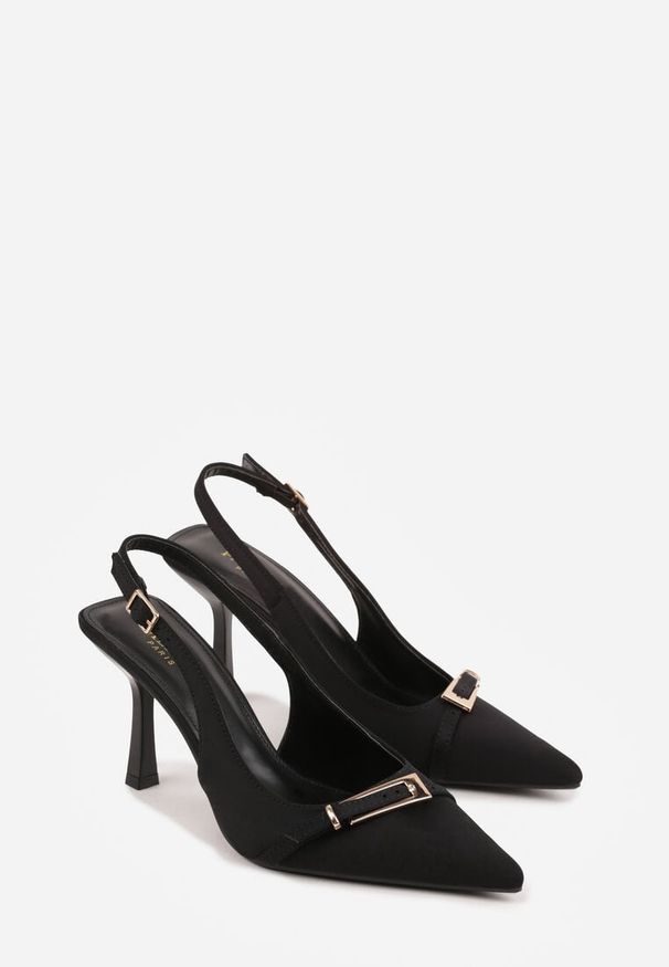 Renee - Czarne Sandały Slingback na Klepsydrowym Obcasie Zdobione Klamerką Skodrifa. Kolor: czarny. Wzór: aplikacja. Obcas: na obcasie. Styl: elegancki. Wysokość obcasa: średni