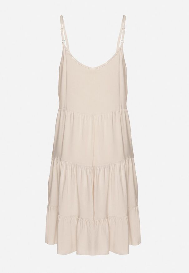 Born2be - Jasnobeżowa Rozkloszowana Sukienka z Bawełny na Ramiączkach z Falbanami Lilivane. Okazja: na spacer, na co dzień. Kolor: beżowy. Materiał: bawełna. Długość rękawa: na ramiączkach. Sezon: wiosna, lato. Typ sukienki: proste. Styl: casual