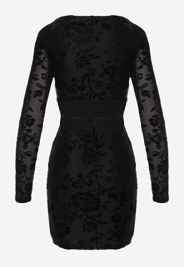 Renee - Czarna Sukienka VICES Bodycon z Wiązaniem na Plecach i Welurowym Wzorem Raessa. Okazja: na imprezę, na randkę. Kolor: czarny. Materiał: welur. Typ sukienki: bodycon. Styl: elegancki