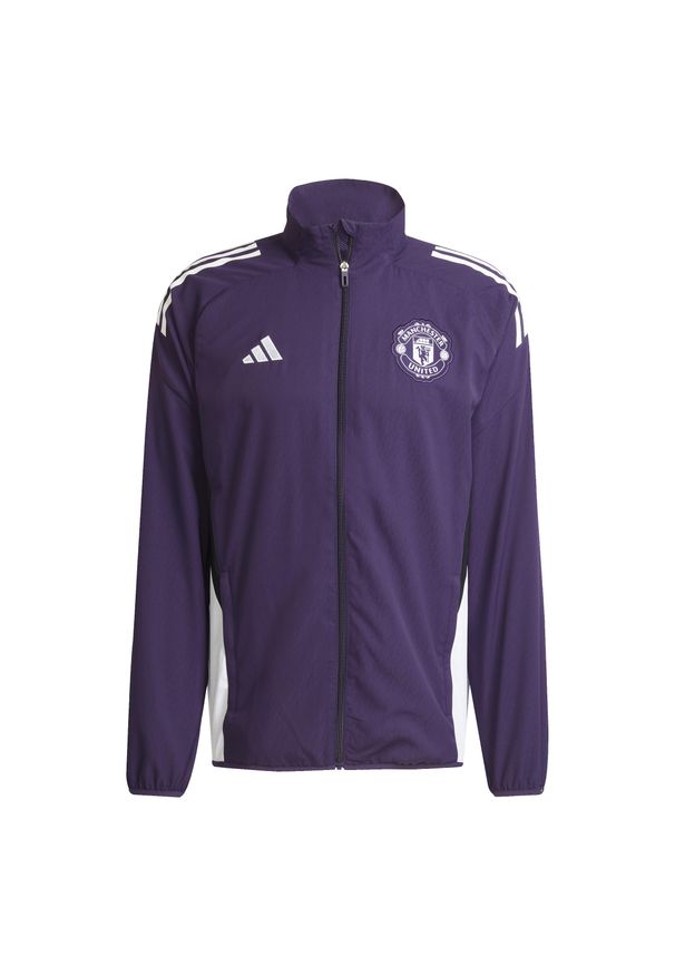 Adidas - Kurtka dresowa Prematch Manchester United 2025/26. Kolor: fioletowy, wielokolorowy, biały. Materiał: dresówka. Sport: piłka nożna