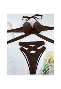 Intica - Bikini z ozdobnymi paskami na plażę i basen Shireen. Kolor: brązowy. Materiał: materiał. Wzór: paski