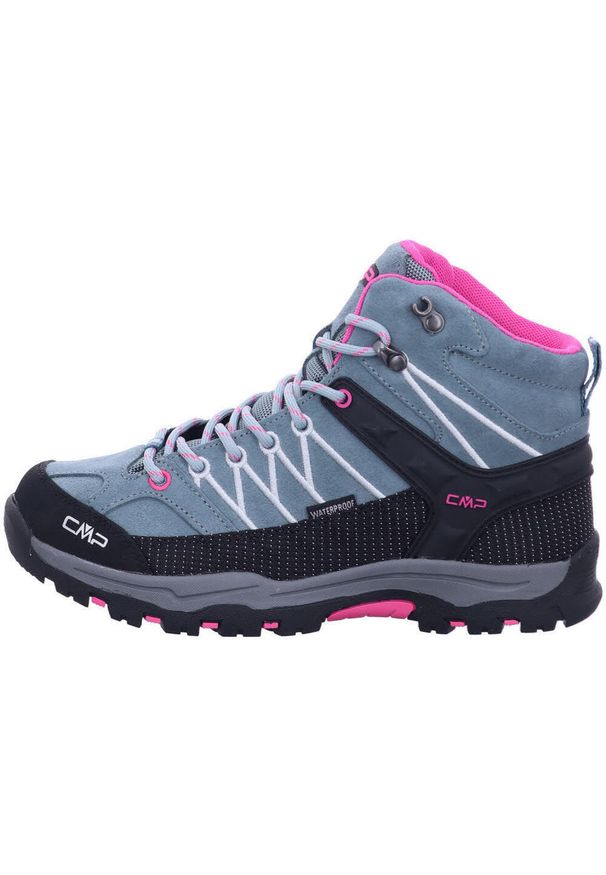 Buty trekkingowe dla dzieci CMP Rigel Mid Trekking. Wysokość cholewki: za kostkę. Zapięcie: sznurówki. Kolor: fioletowy, szary, wielokolorowy. Materiał: syntetyk, materiał. Szerokość cholewki: normalna. Sport: turystyka piesza