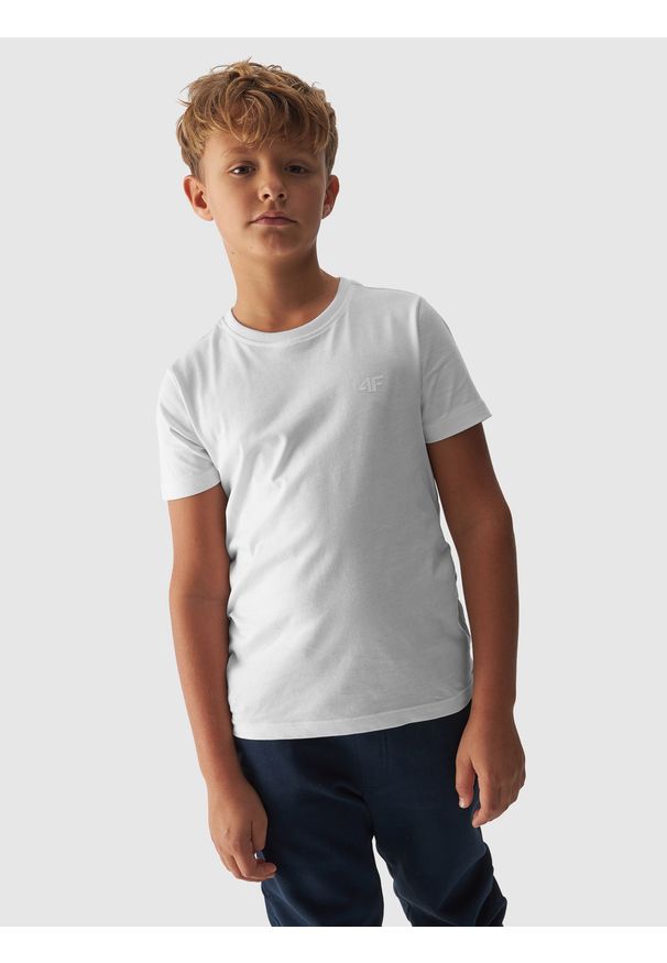 4f - 4F T-shirt gładki chłopięcy - biały 164 (13-14 lat). Okazja: na co dzień. Kolor: biały. Materiał: bawełna, jersey, dzianina. Długość rękawa: krótki rękaw. Długość: krótkie. Wzór: gładki. Sezon: lato. Styl: sportowy, casual