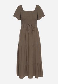 Born2be - Ciemnozielona Sukienka z Wiskozą Lnem i Elastyczną Górą Ellisena. Okazja: na spacer, na co dzień. Kolor: zielony. Materiał: len, wiskoza. Typ sukienki: proste. Styl: klasyczny, casual, elegancki #2